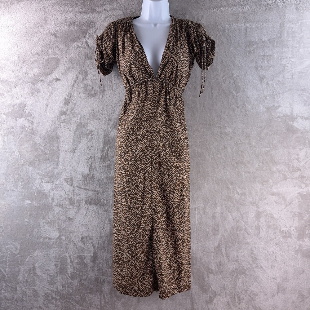 Bec + Bridge Dress Womens Size XS Brown Floral Deep V Short Sleeve Flowy Maxi